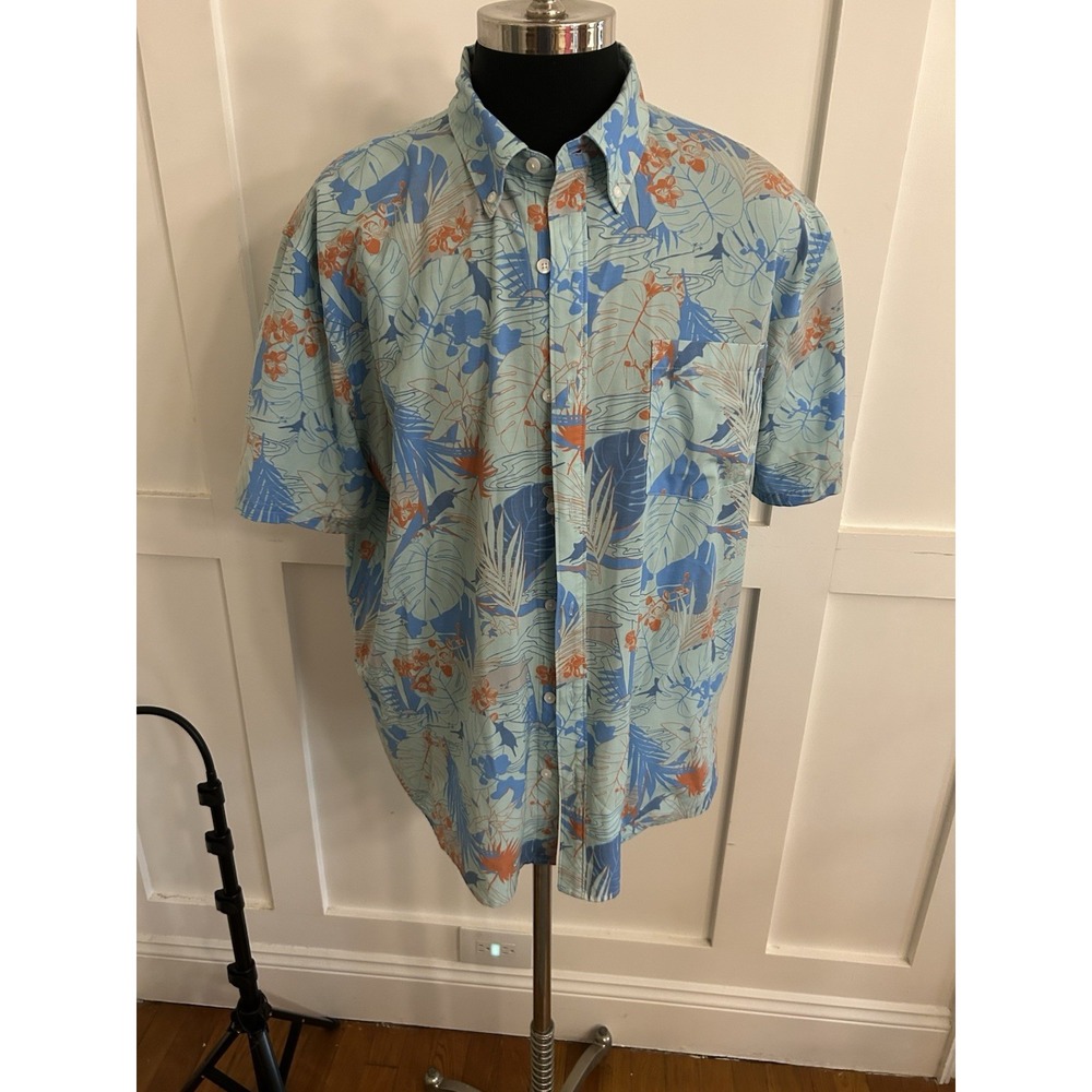 HUK Outdoor Fishing Shirt Short Sleeve Button Down Stretch Men's 2XL Blue Orange
